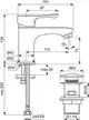 Waschtischarmatur von Ideal Standard mit einem Griff und Push-Open-Mechanismus. Abmessungen und Anschlussdetails sind in einer technischen Zeichnung dargestellt.